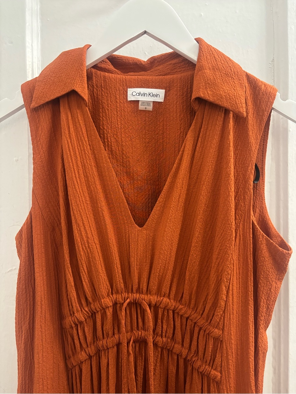 Calvin Klein Textured Burnt Orange V-Neck Dress Size 8